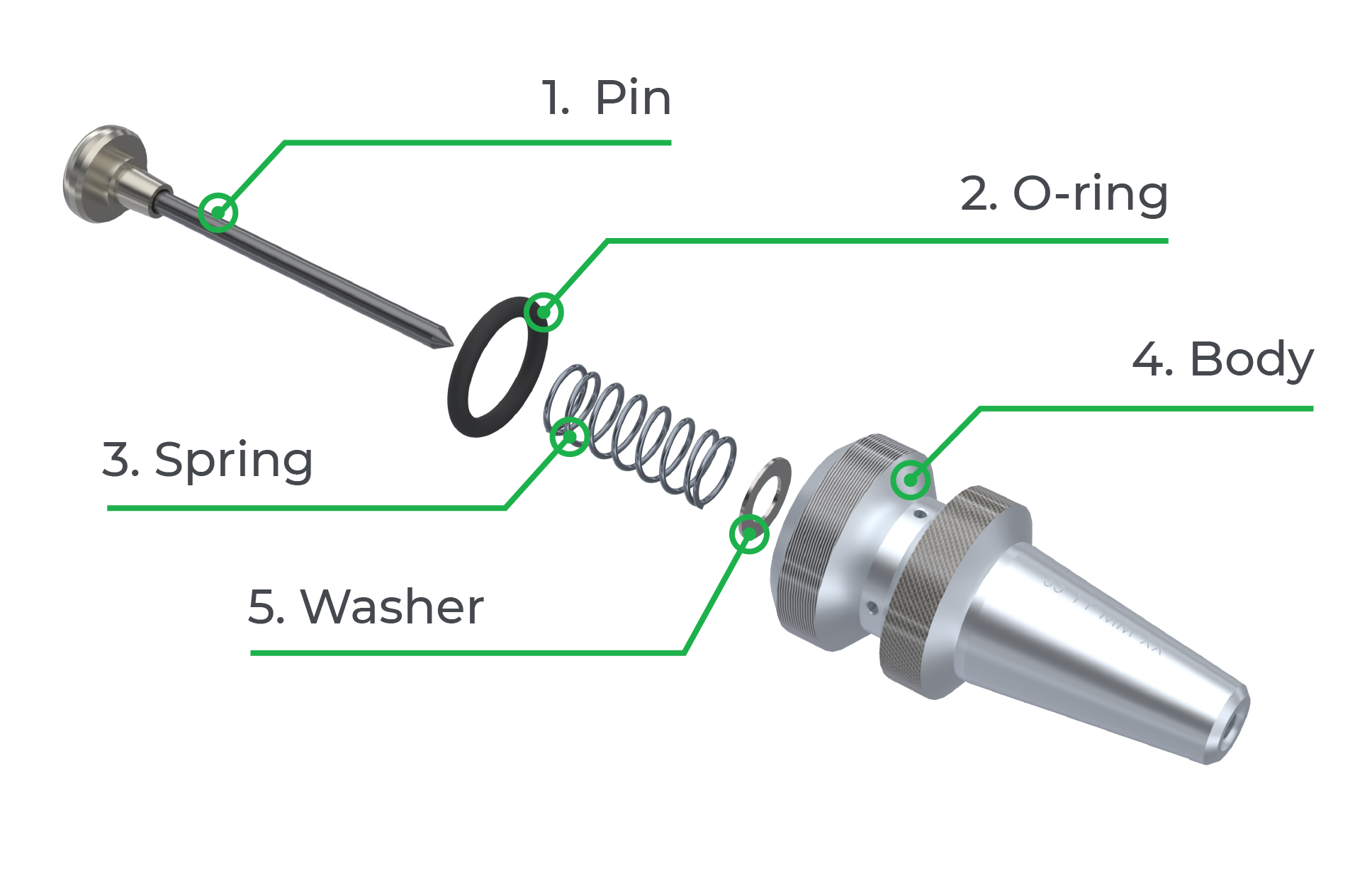 Exploded view of pneumatic dot peen stylus from gravotech